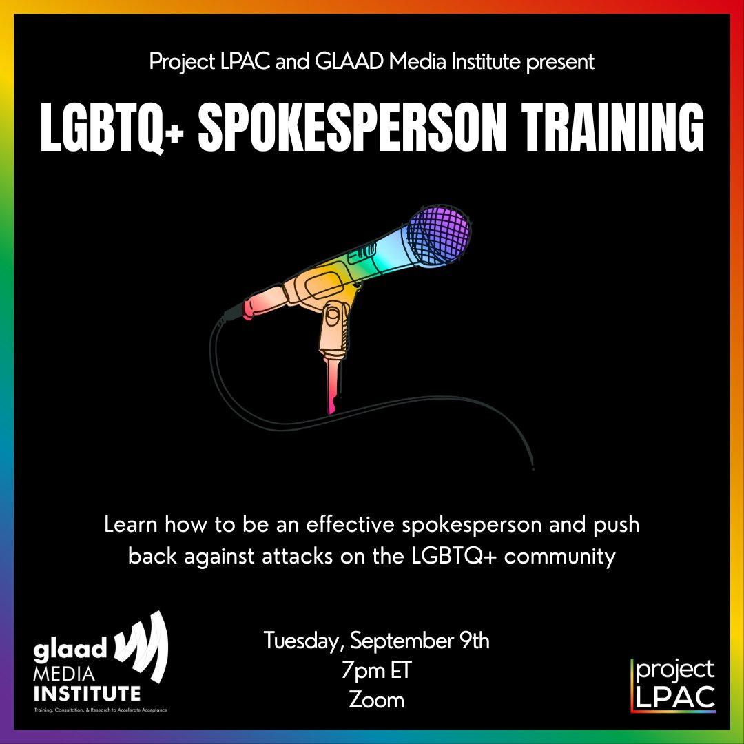 Project LPAC is thrilled to partner with GLAAD to offer a free, virtual LGBTQ+ Spokesperson Training for candidates, elected officials, campaign staff and any leaders looking to publicly message their support for the LGBTQ community! Sign up here: tinyurl.com/5n6mkp8y