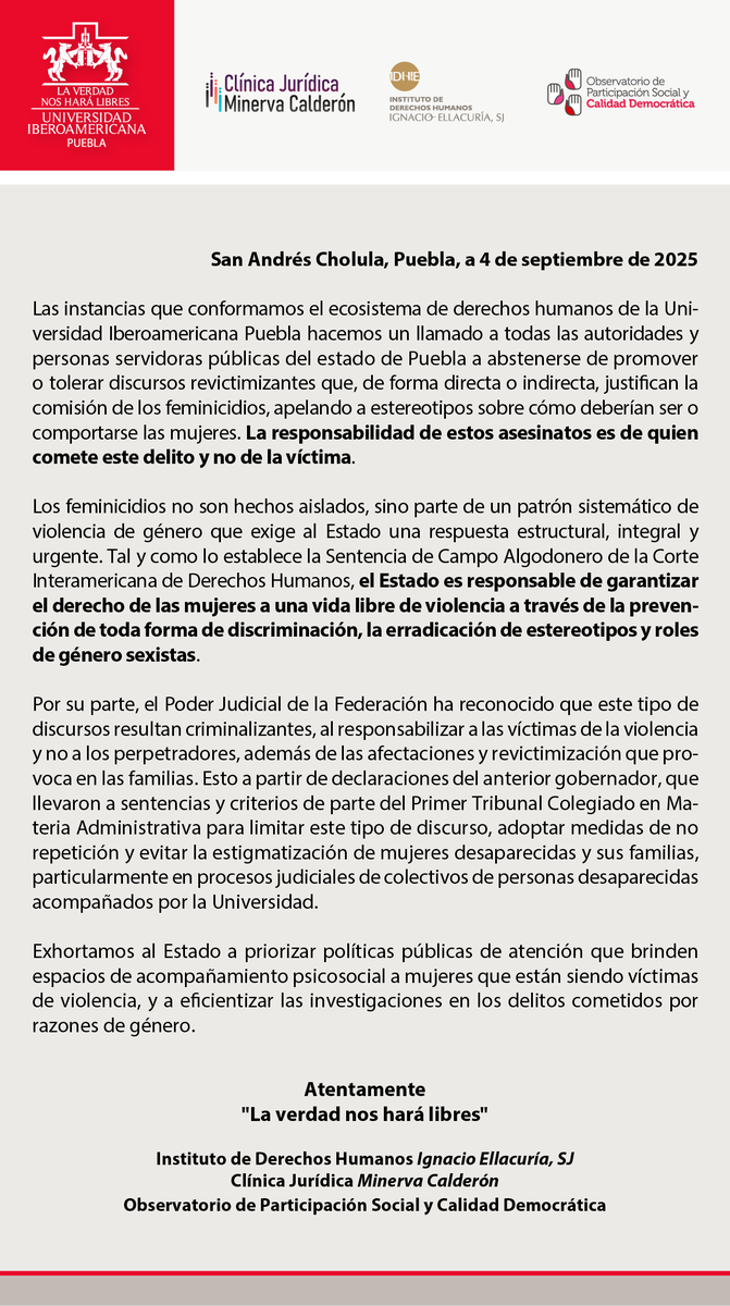 IberoPuebla's tweet photo. Hacemos un llamado a todas las autoridades y personas servidoras públicas del estado de Puebla a abstenerse de promover o tolerar discursos revictimizantes. https://t.co/7icv7l9r96