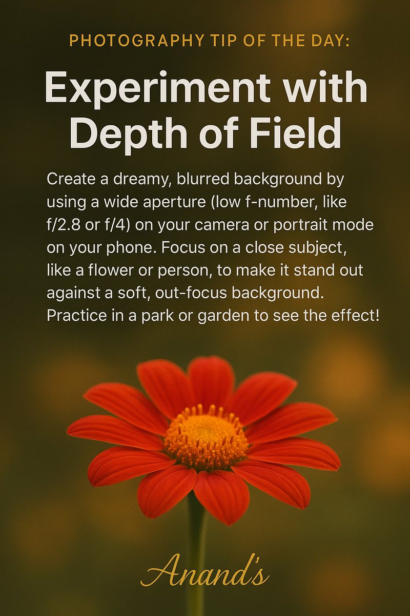 AnandPapp's tweet image. ✨ Photography Tip of the Day: Create dreamy portraits with shallow depth of field! Focus on your subject and let the background melt away into soft blur. Perfect for flowers, portraits, or close-ups 🌸📸

Hashtags (single line):
#PhotographyTips #DepthOfField #BokehLovers…