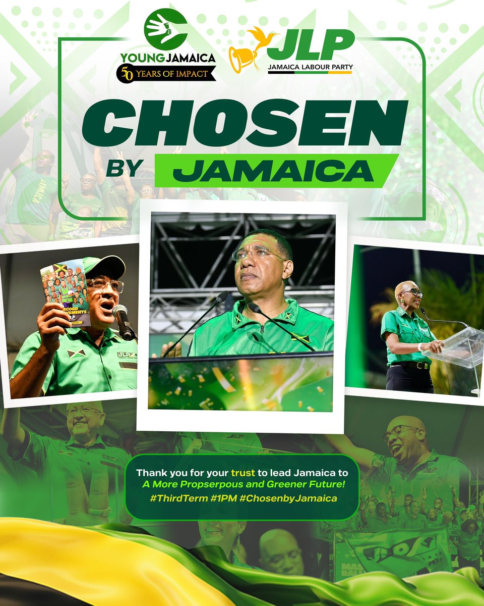 YoungJamaicaJLP's tweet photo. Thank you Jamaica for your support and your confidence in the Jamaica Labour Party.
In our third term we continue to Do More For You. 🇯🇲
#ChooseJamaica #DoingMoreForYou
#GoodNewsJamaica🇯🇲 https://t.co/38M2dGOtft