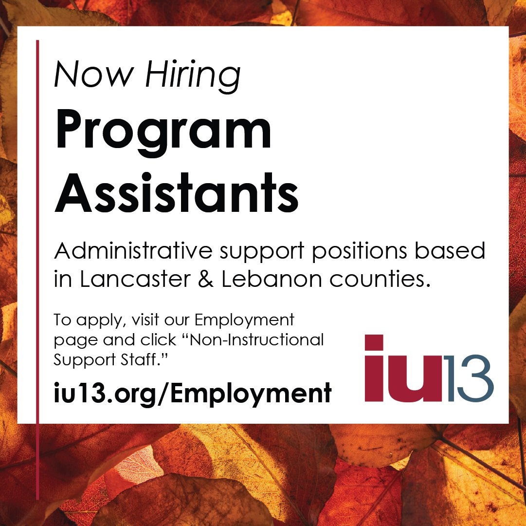 Apply Now!
IU13 seeks organized, customer service-driven Program Assistants!
Community Ed positions in Lancaster &amp; Lebanon counties. Conference Center &amp; Human Resources positions in Lancaster. HS diploma &amp; 2+ yrs of relevant experience required. hubs.ly/Q03G1Mlf0