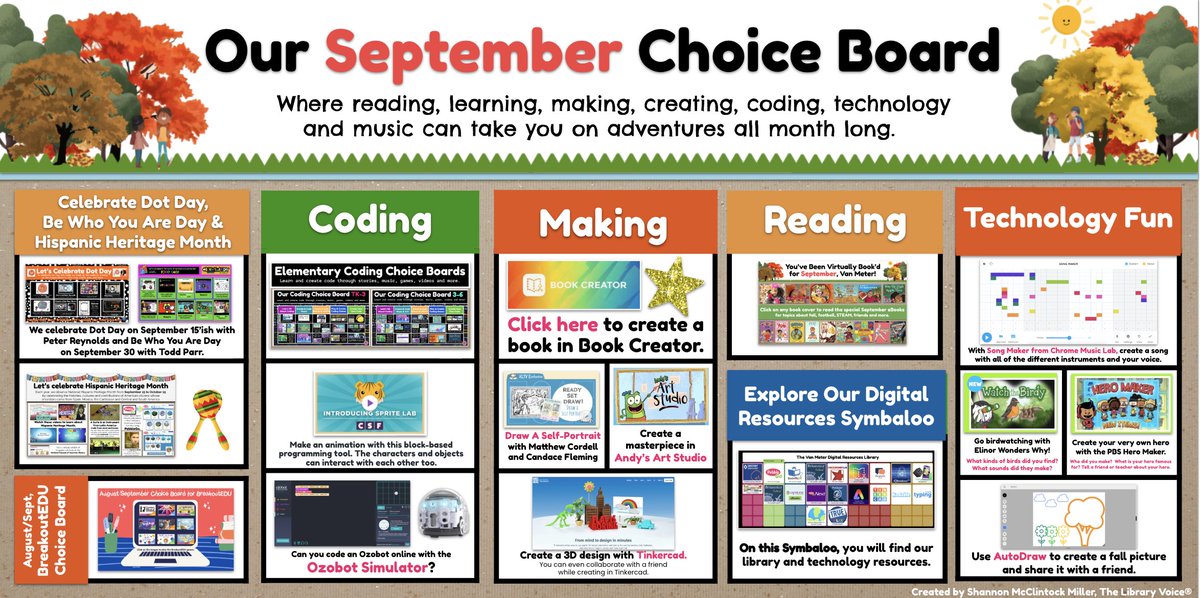 shannonmmiller's tweet image. Our September Choice Boards are here, friends. 🍁
You will find the templates, and different choice boards to use this month and with your students too. 🧡
 buff.ly/Gqz4LxY
#tlchat #futurereadylibs #ISTElib #edchat #edtech