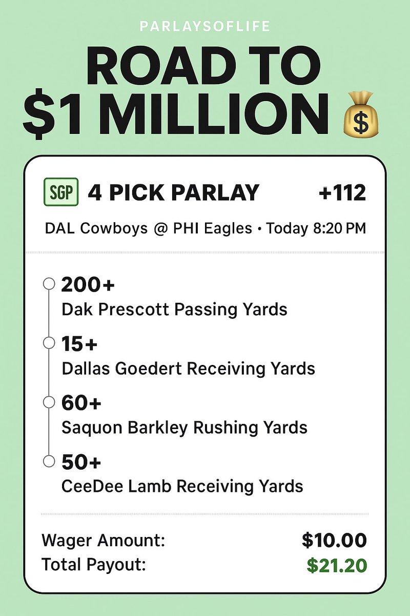 parlaysoflife's tweet photo. Day 1 of a #Roadto1million💰 @drizzy26_DFS #Parlaysoflife #NFL #Sportsbetting https://t.co/u6iwjZytAa