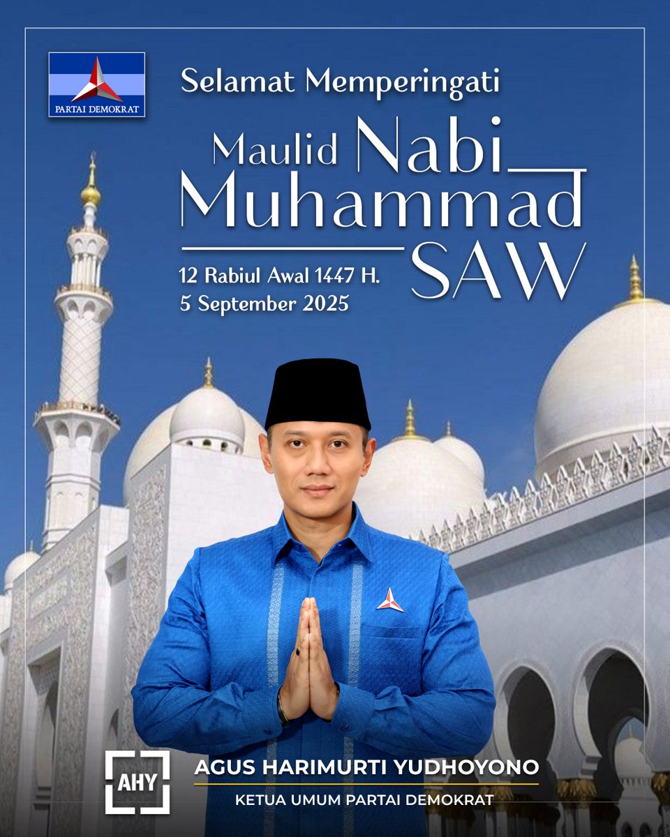 Demokrat_TV's tweet image. Selamat memperingati Maulid Nabi Muhammad SAW 12 Rabiul Awal 1447 H.

Di momen Maulid Nabi Muhammad SAW ini, mari kita jadikan teladan beliau sebagai inspirasi untuk terus berbuat baik dan menebar manfaat.

#demokrat #maulidnabimuhammadsaw
