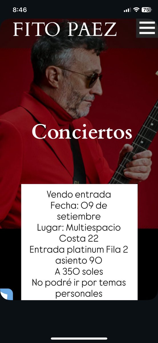 Vendo entrada para el concierto de Fito
Fecha: 09 de setiembre
Entrada: Platinium fila 2 asiento 90
Precio: 350 (escuchó ofertas)
Please RT
#entrada