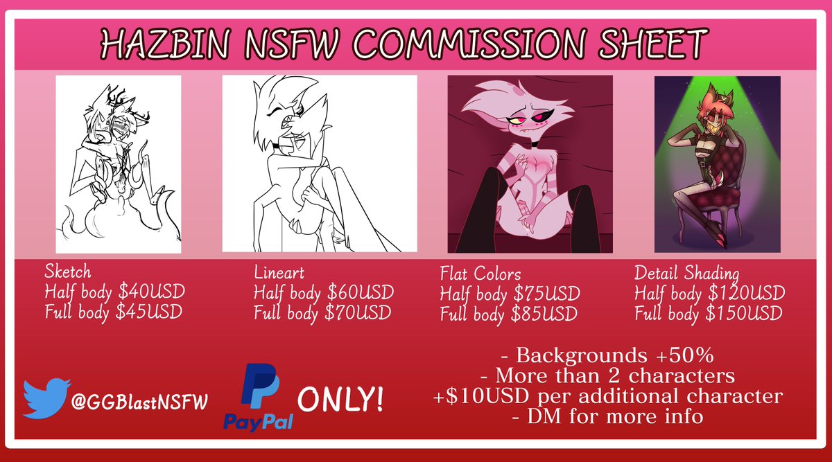 I'm opening my NSFW commissions again with 5 slots!

Prices range from $40 to $150 USD
I accept payment from PayPal and Artistree 
#nsfw #nsfwCommissions #CommissionsOpen #HazbinHotelNSFW