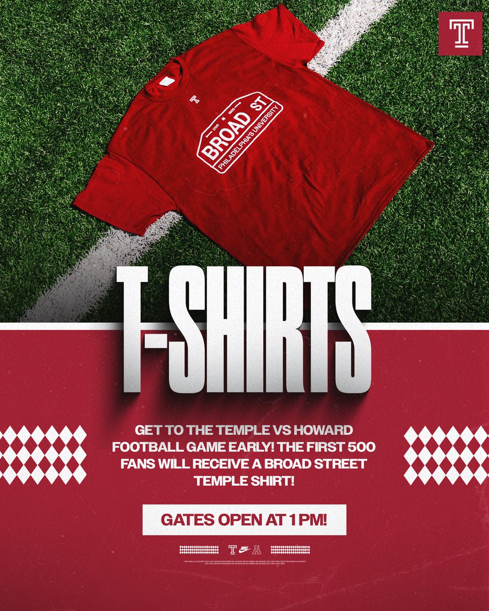 Get to the stadium early and get your free Broad Street T-Shirt!! 👀

Available for the first 500 fans!

#TempleTUFF