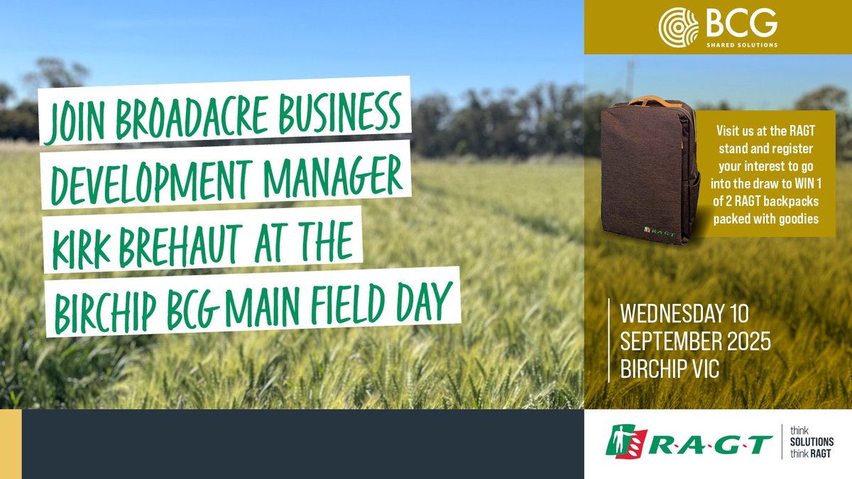 RAGTAU's tweet image. 🌱🚜 Heading to the Birchip Main Field Day?
Come say G’Day to our Business Development Manager, Kirk Brehaut, and chat all things cropping.
PLUS 👉 you could win one of two RAGT Nordace Backpacks packed with goodies 🎒✨👋 See you there!
#ThinkSolutions #ThinkRAGT #BCGMFD25.