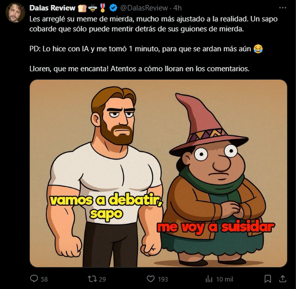 ErickACm1pt's tweet photo. Dalas resubió este post dejando en claro que le parece correcto burlarse de la apariencia de otros y amenazar de muerte a alguien por criticar su arte... pero no le gusta que le digan cosas feas a él :( https://t.co/OJ9HdAABbL