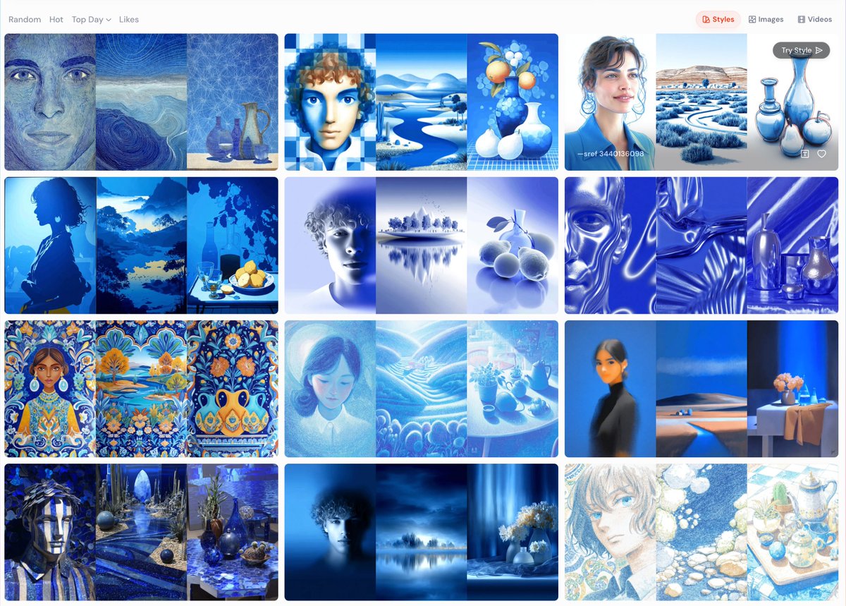 pzf_ai's tweet image. No more random --srefs!
Midjourney has just launched a Style Explorer on the website. In the "Explore" section, you can search by colour, style and other keywords. Then apply the style to your prompt.
These are the top results for searching "Blue", for example: