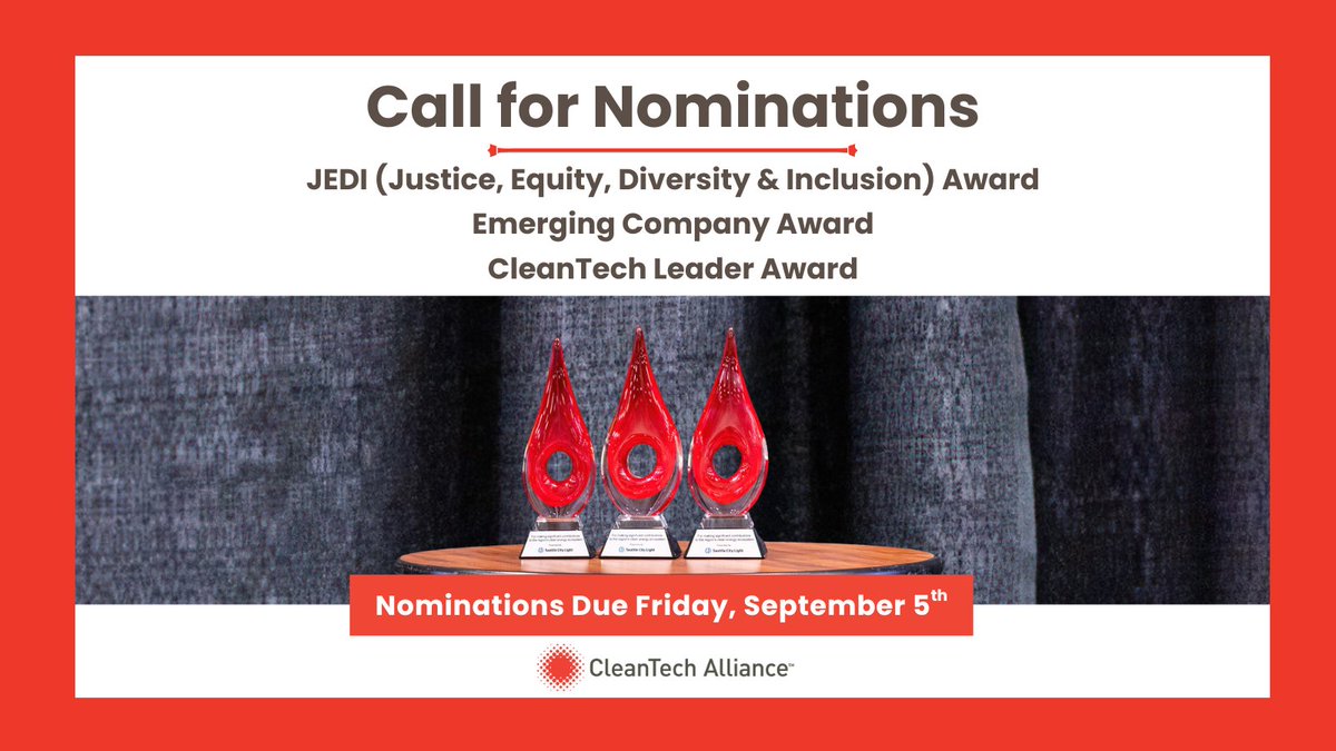 wacleantech's tweet photo. Our 2025 CleanTech Alliance Awards will spotlight individuals &amp; organizations making significant contributions to the fields of cleantech policy, innovation &amp; business.

Submit your nominations by Friday, Sept. 5th! https://t.co/c43n9H1id4

#CleanTechLeader #EmergingCompany #JEDI https://t.co/kl6hjiZt6o