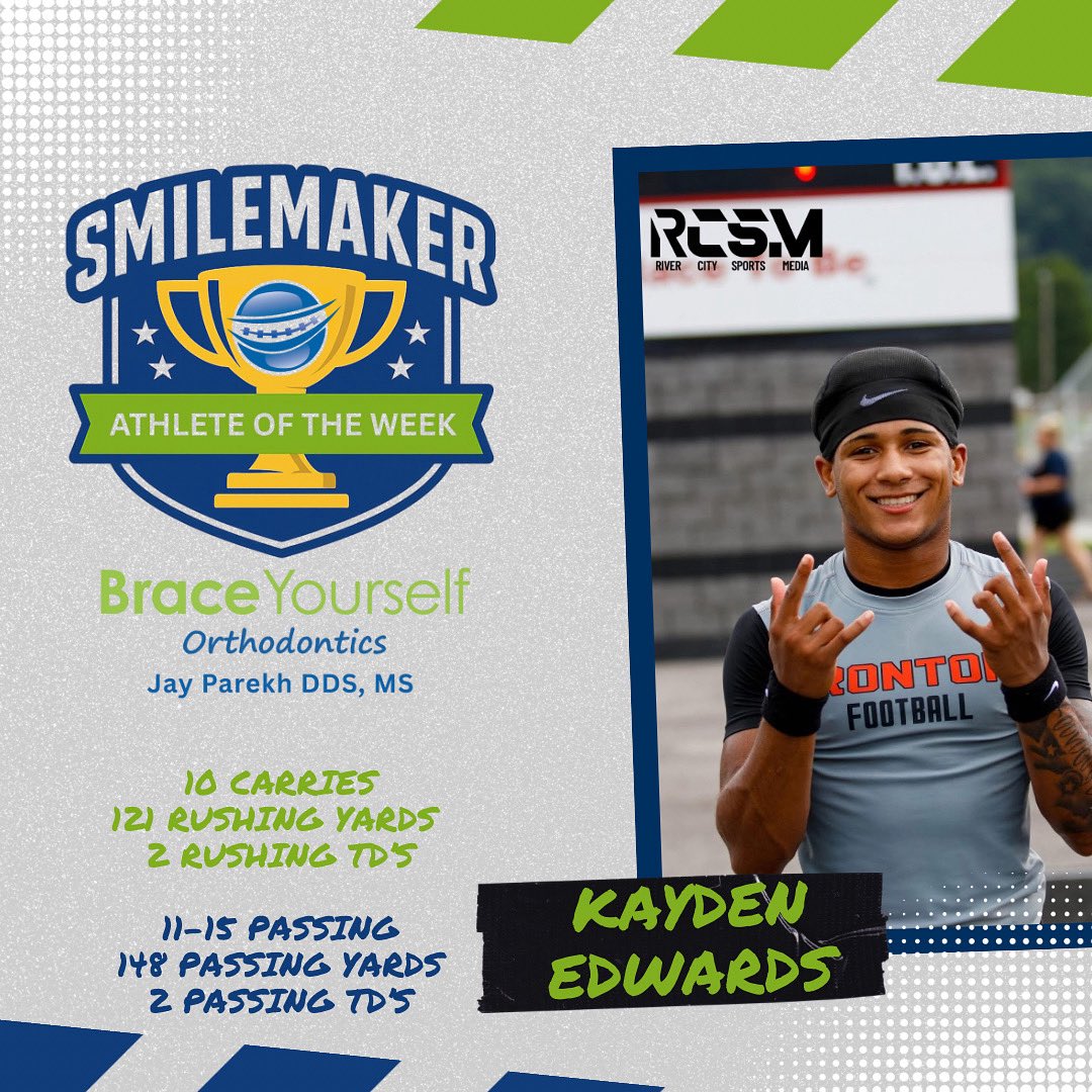 Last week’s, SmileMaker Athlete of the Week presented by Brace Yourself Orthodontics / Jay Parekh DDS, MS is Ironton QB Kayden Edwards!  Kayden’s stats speak for themselves as he helped the Fighting Tigers to a 42-3 win over Virginia powerhouse, Liberty Christian Academy!