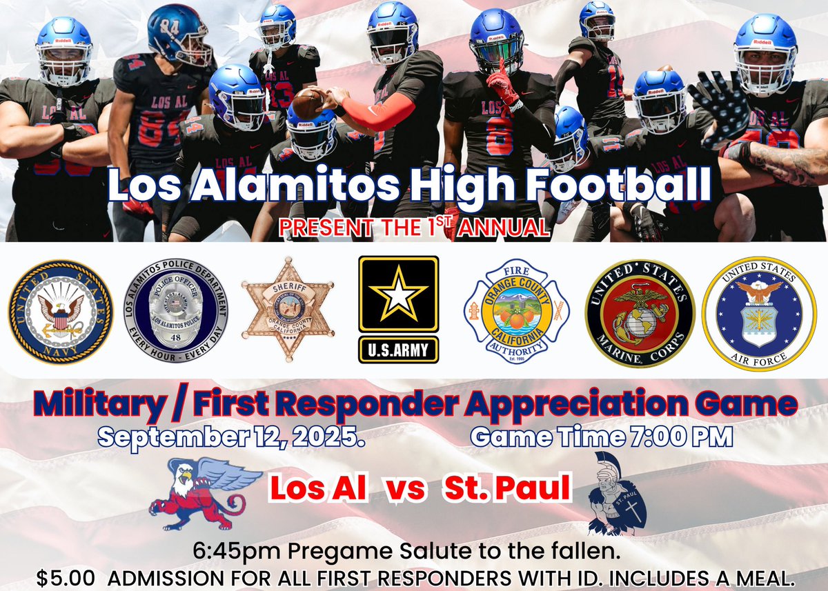 Come join us Friday, September 12 as we honor our brave First Responders. $5 admission with law/fire badge or hospital ID. First 200 receive a meal compliments of the City of Los Alamitos! <a href="/LosAlamitosPD/">Los Alamitos Police Department</a> <a href="/OCFireAuthority/">OCFA</a> <a href="/OCSheriffNY/">OrangeCountySheriff</a> <a href="/SealBeachPolice/">Seal Beach Police</a> <a href="/latsondheimer/">eric sondheimer</a> <a href="/ocvarsityguy/">Dan Albano</a>