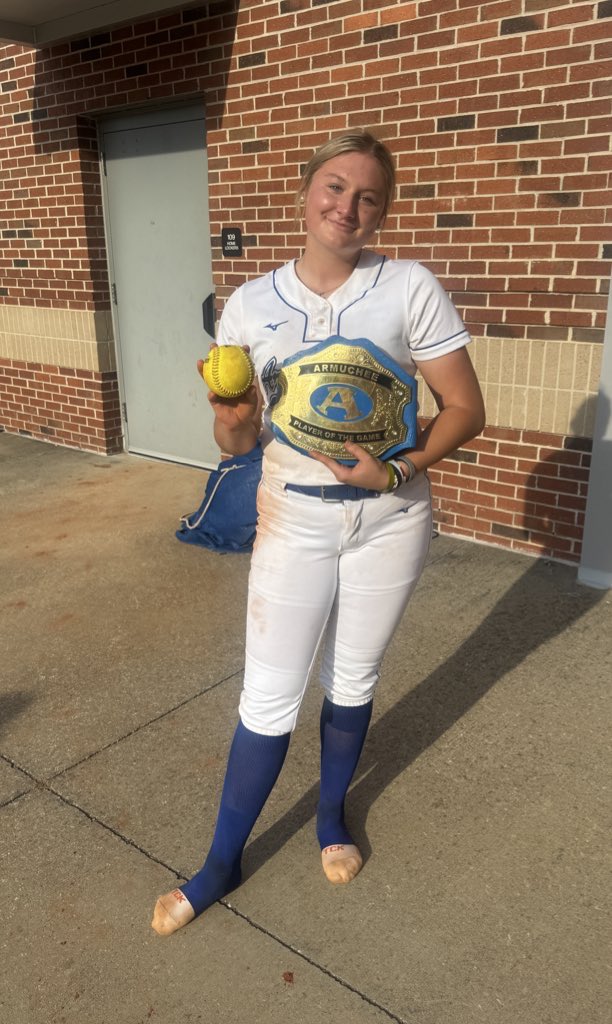 Every once in a while I get asked to step away from catching for a game to step into the circle! Today was one of those days! 7 strikeouts, 0 hits, &amp; 0 walks later I threw my first no hitter! My team got the win and I was awarded the player of the game belt! 🥎 Also had 2 hits