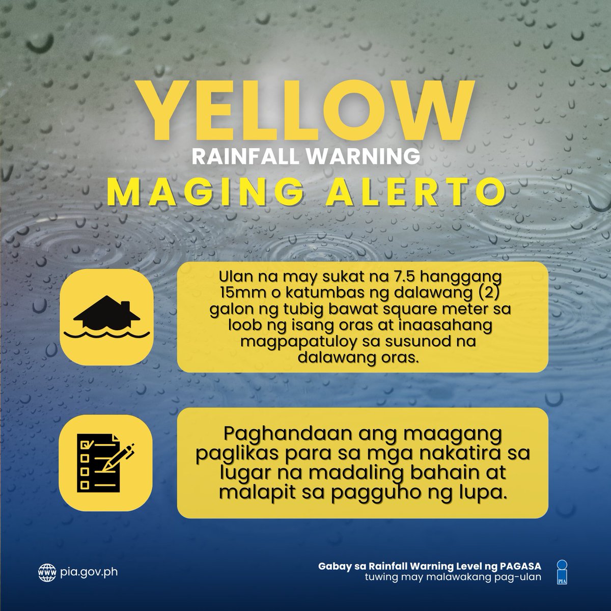 PIA_NCR's tweet image. PAGASA: (8 AM) Yellow Rainfall Warning is raised over Metro Manila. 

Flooding is possible in flood-prone areas.

All are advised to stay updated with the latest weather bulletins from @dost_pagasa.

#Pagasa #PAGASAWeatherUpdate #WeatherAdvisory