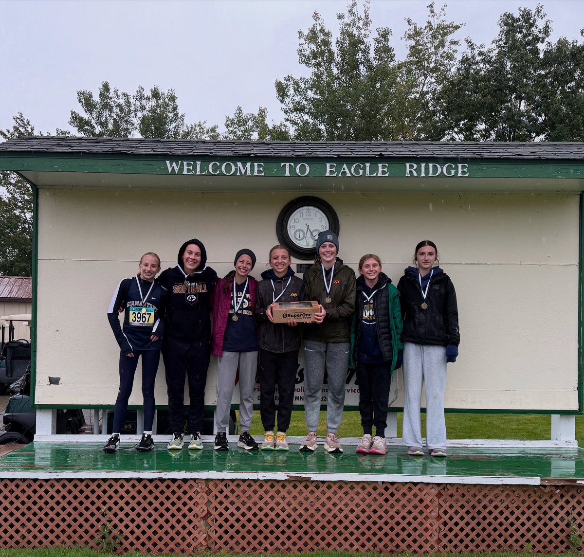 Hawks girls took home a cake trophy for winning first place as a team at the GNK Titan Invite CC Meet today in the rain!!  Second team win in a row, way to go girls!!!