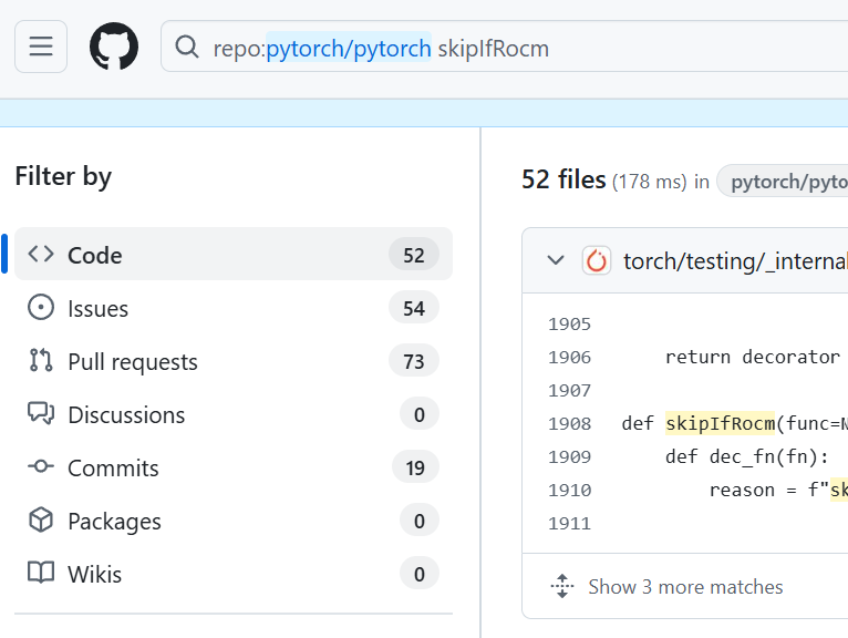HanWang's tweet photo. @SemiAnalysis_ I only found 52 occurrences of ‘skipIfRocm’ in the PyTorch repository as of today. https://t.co/bFaS2mfYY1