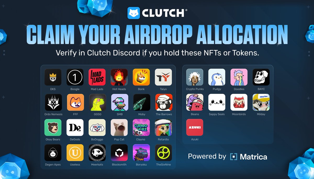 Clutch Token Airdrop &amp; $10,000 Bounty!

Round 1 allocations are LOCKED.

Who deserves to be in Round 2?

Drop your community in the replies, or open a ticket in Discord. ⬇️