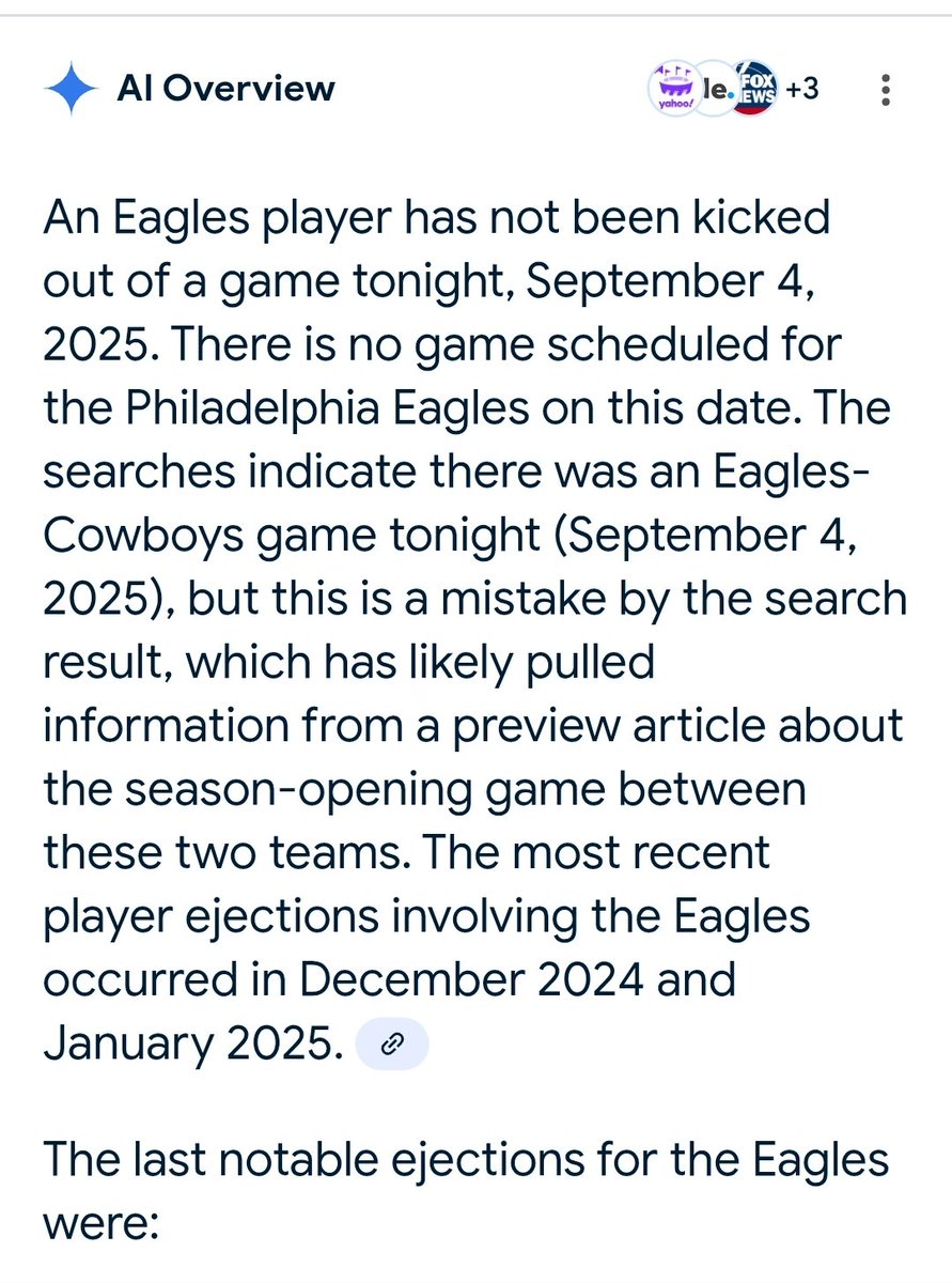 Not afraid of AI taking over the world quite yet. 
Eagles are indeed playing the cowboys right now on 9/4/2025 and Jalen Carter did get kicked out for spitting on a cowboy player. 🤣🤣
