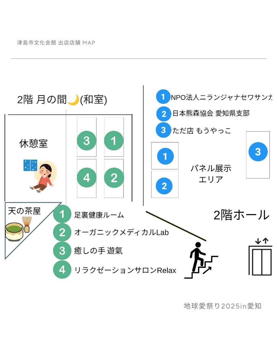 ■会場と出店店舗のご案内■

【1階】
★小ホール
・食品関係

★大ホールのホワイエ
・ワークショップ
・協賛金
・本、CD販売

【2階】10:00～16:00
・物販

★和室
・リラクゼーション/天の茶屋

★エレベーター前ホール
・寄付先団体/ただ店もうやっこ

【外・駐輪場奥】
キッチンカー3台