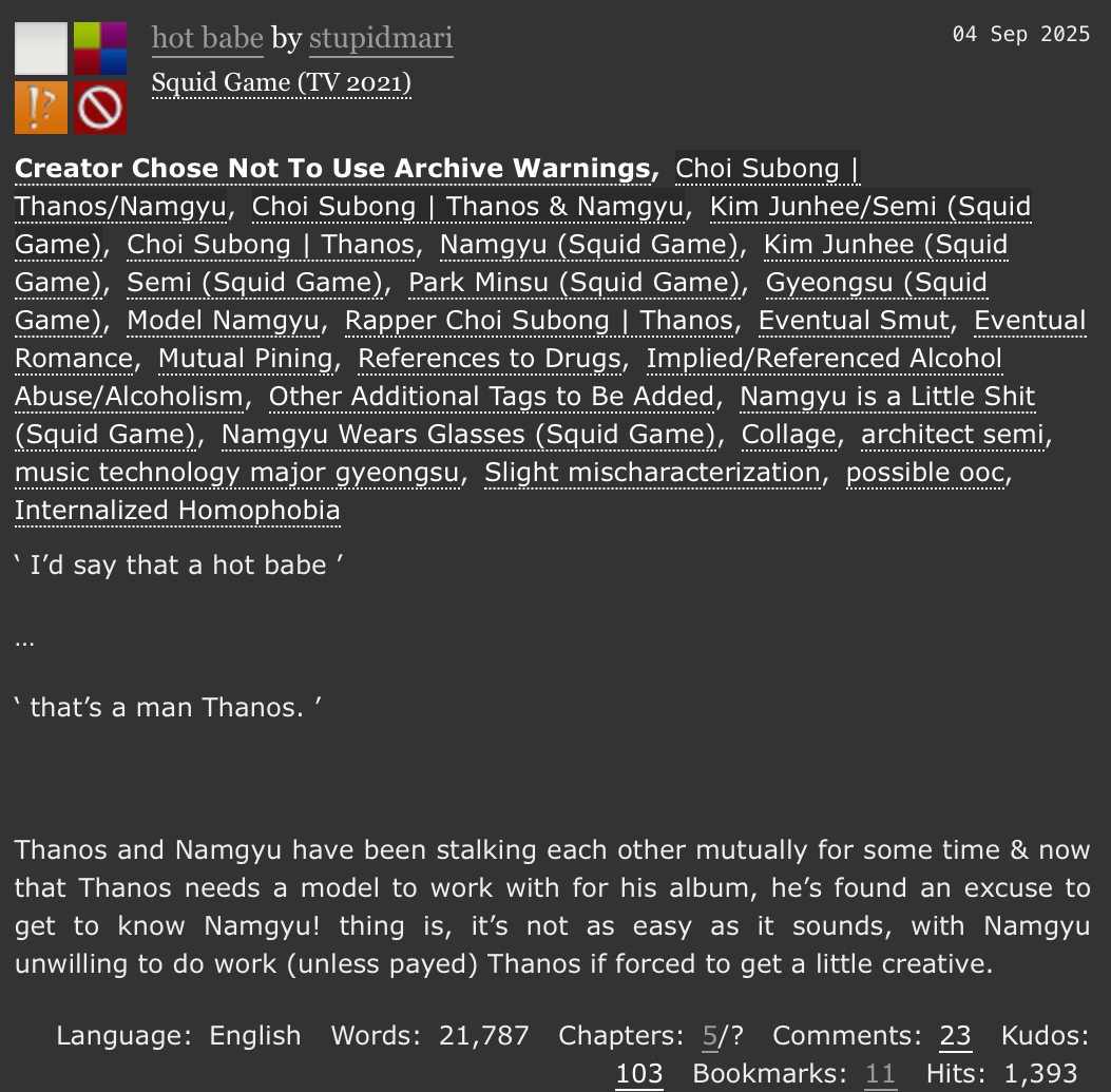 Hot Babe! 

I mean seriously…  he looked exactly like one!
(  my friends told me I need to promo this so,,  THANGYU FIC!!  )  

TLDR:  thanos mistakes namgyu as a girl  [archiveofourown.org/works/67684076…] #thangyu #SquidGame2 #fanfic