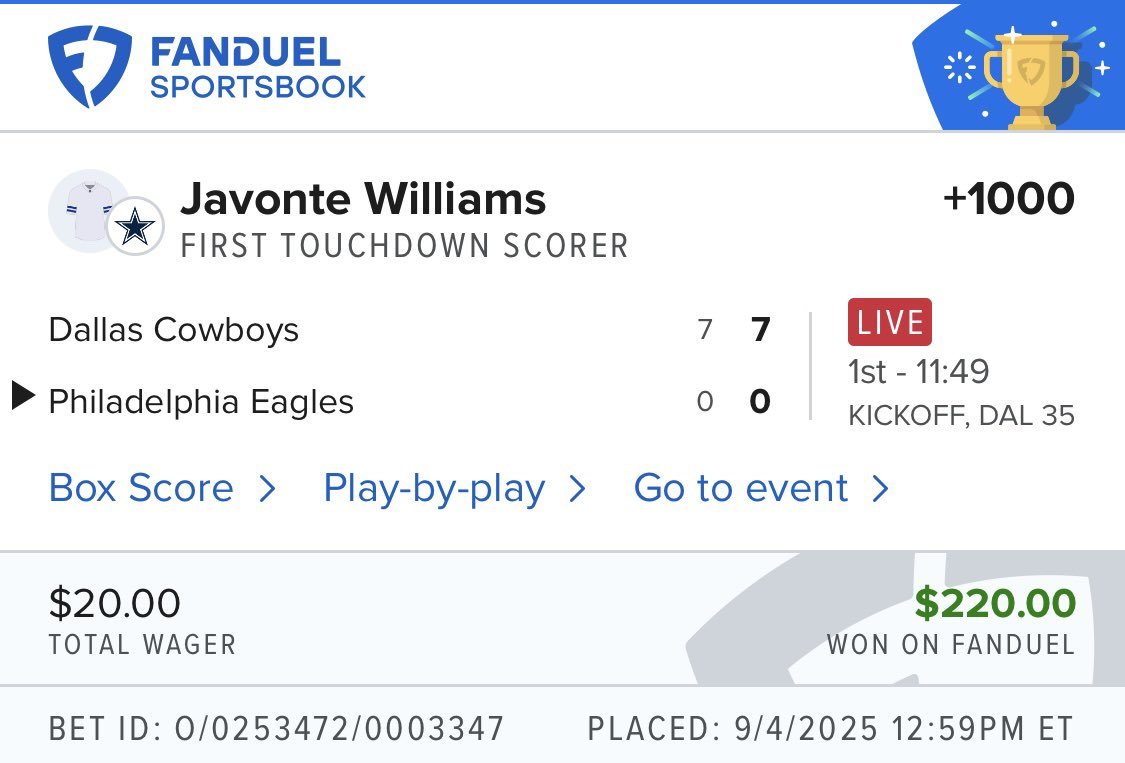 CASHED ON THE FIRST TD SCORER OF THE SEASON 🔥

(via <a href="/DirtyBubbleBets/">Dirty Bubble Bets</a> @fdsportsbook)