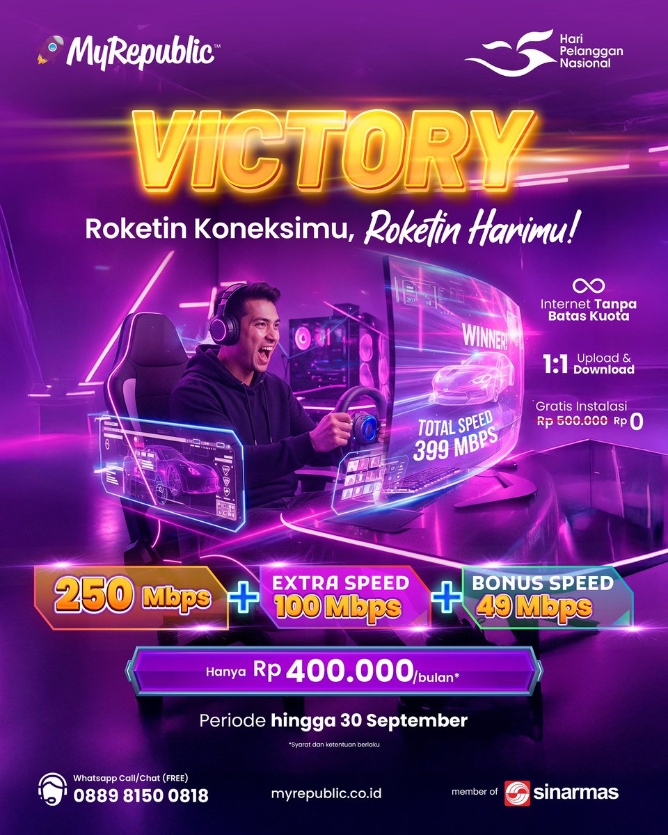 Cukup Rp400.000/bulan*, kamu udah bisa nikmatin internet up to 399 Mbps dengan IP Public Static dan Wifi 6 🤩 
+ Gratis instalasi senilai Rp500 ribu!

Info lengkap dan berlangganan klik link "Promo Victory" di bio atau hubungi WhatsApp Maira 08898 1500 818.

#PromoMyRepublic