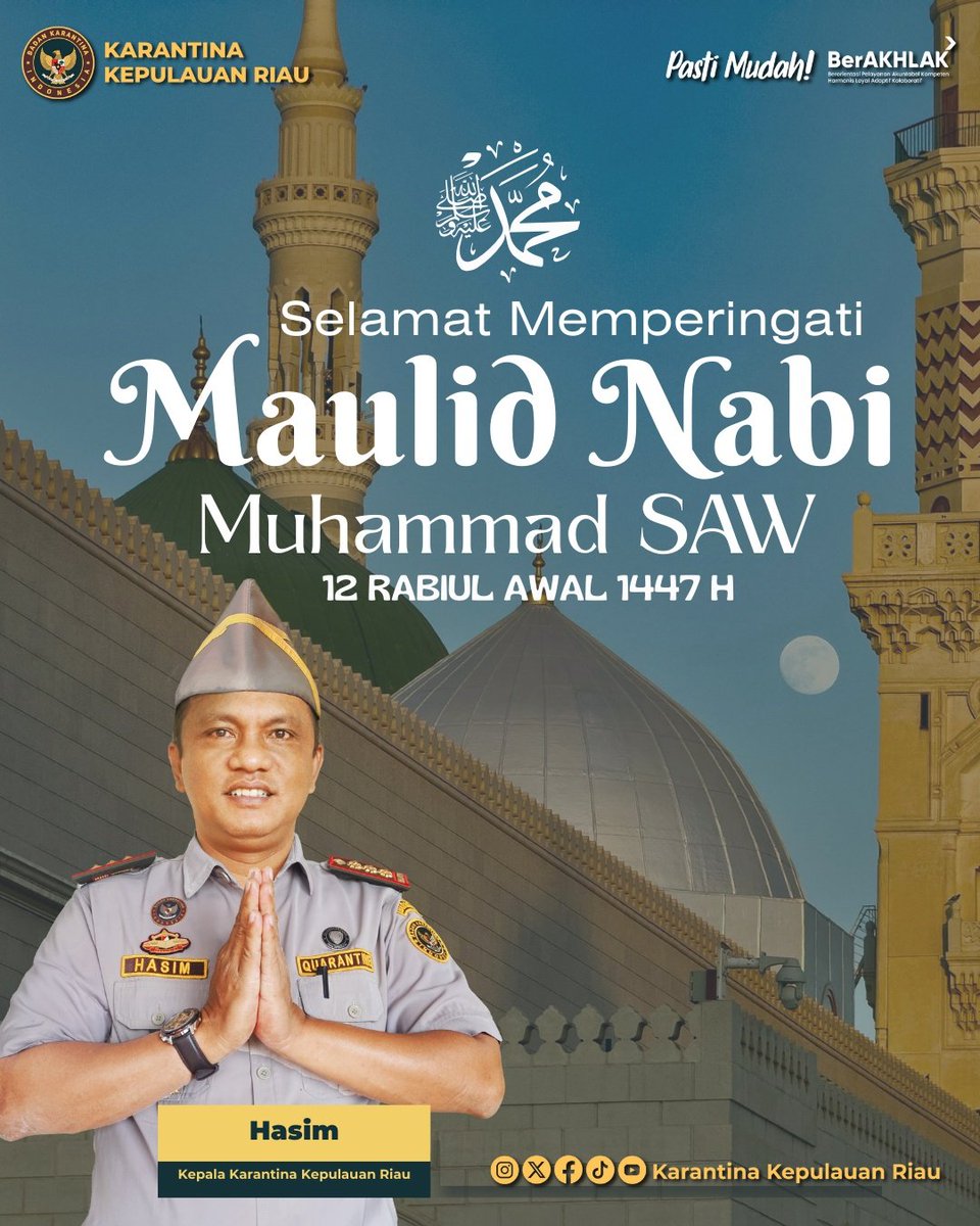 Pimpinan beserta jajaran Karantina Kepulauan Riau mengucapkan: 

Selamat memperingati Maulid Nabi Muhammad SAW 12 Rabiul Awwal 1447 H

Semoga ajaran dan teladan Rasulullah selalu dapat kita jadikan pegangan dalam menjalani setiap langkah kehidupan.

#maulidnabi
#karantinakepri