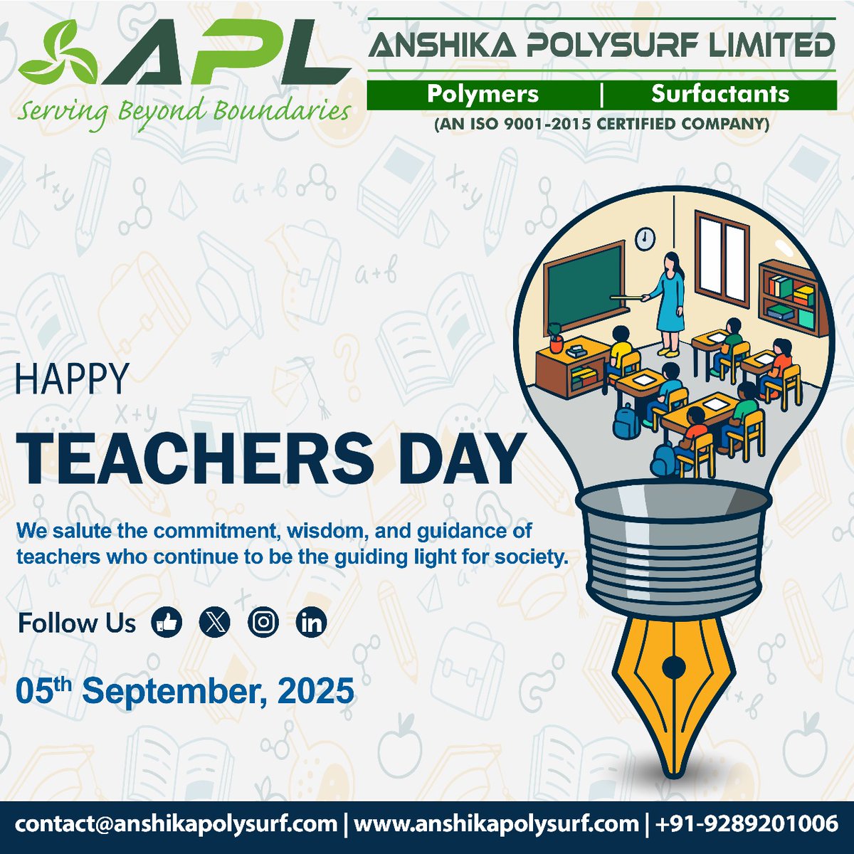 APLGroupIndia's tweet photo. Happy Teachers’ Day! 🙏✨
To the mentors who shape lives and light the path of knowledge, we salute your dedication and wisdom. 💡📚
#HappyTeachersDay #TeachersDay2025 #GuidingLight #InspiringMinds #ThankYouTeachers #EducationMatters #SaluteToTeachers #KnowledgeBuilders #Teachers https://t.co/KcbuxzwdZJ