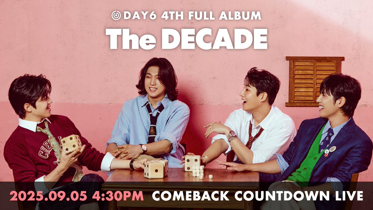 DAY6(데이식스) 4th Full Album
＜The DECADE＞ Countdown Live

The DECADE, 드디어 오늘 발매🎵
Countdown Live 보면서 함께 기다려요 !

📍25.09.05 (FRI) 16:30PM (KST)~
📺 youtube.com/live/qgM76kv8v…

#DAY6 #데이식스
#The_DECADE
#DAY6_10th_Anniversary