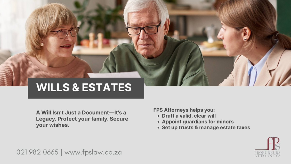 A Will Isn’t Just a Document—It’s a Legacy.

FPS Attorneys helps you:
✔️ Draft a valid, clear will
✔️ Appoint guardians for minors
✔️ Set up trusts &amp; manage estate taxes

Protect your family. Secure your wishes.

🔗 fpslaw.co.za

#FPSAttorneys #LegalSupport