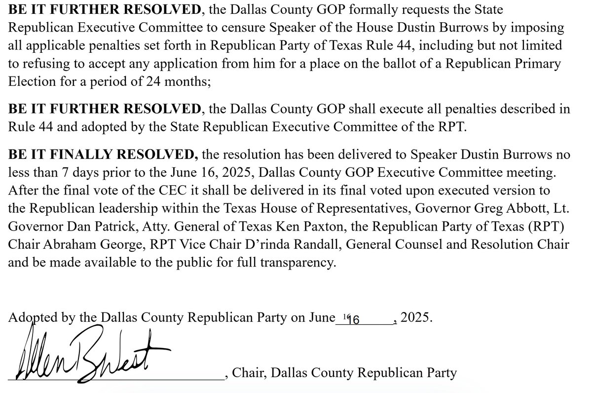 Wernick4Dallas's tweet photo. @bwaltens @GregAbbott_TX @Burrows4TX Couldn't get swampier than this Uniparty endorsement by a Republican governor of @dallasgop County Executive Committee-censured Texas House Speaker Dustin Burrows.
At 88.31% in favor of censure, the vote wasn't even close.
Is anyone in Austin listening?
https://t.co/67eWqB9xFV https://t.co/gmviAEgjtv