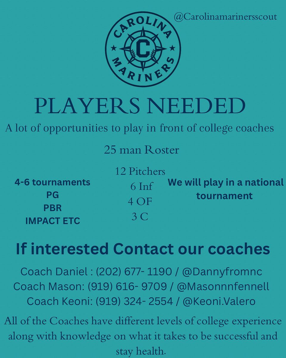 CMarinersscout's tweet photo. We are currently looking for players to conclude our roster for next summer!! 

DM us of contact our coaches if interested!!
@PerfectGameUSA @Now_D1 @BUncommitted @travelbaseballc @prepbaseball https://t.co/JqyjbUSjmI