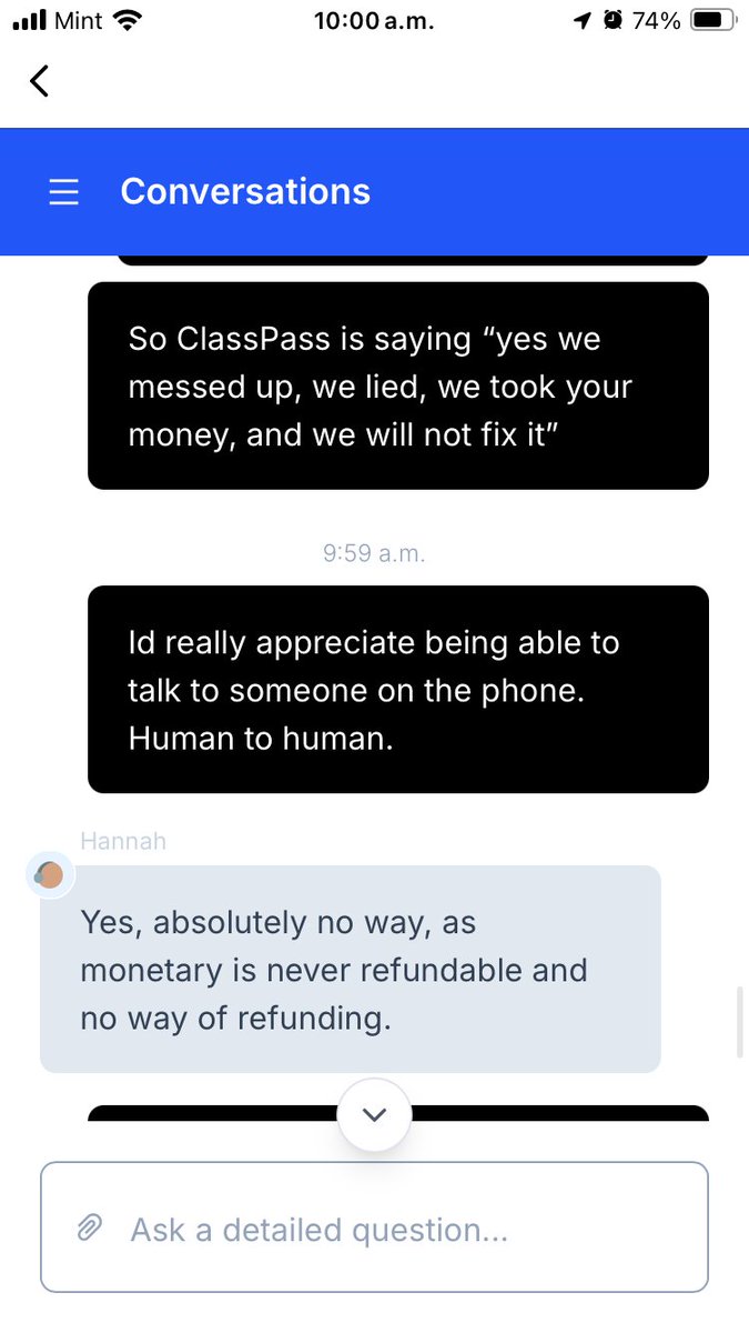 Banxx00's tweet photo. @classpass @ClassPassEng This was atrocious. I contacted your customer service b/c I was moving and got no email that my membership would be charged and didn't realize. Your first rep told me it would be fully refunded. Your 2nd said point black "it cant be made right" https://t.co/4PJ18KdHeO