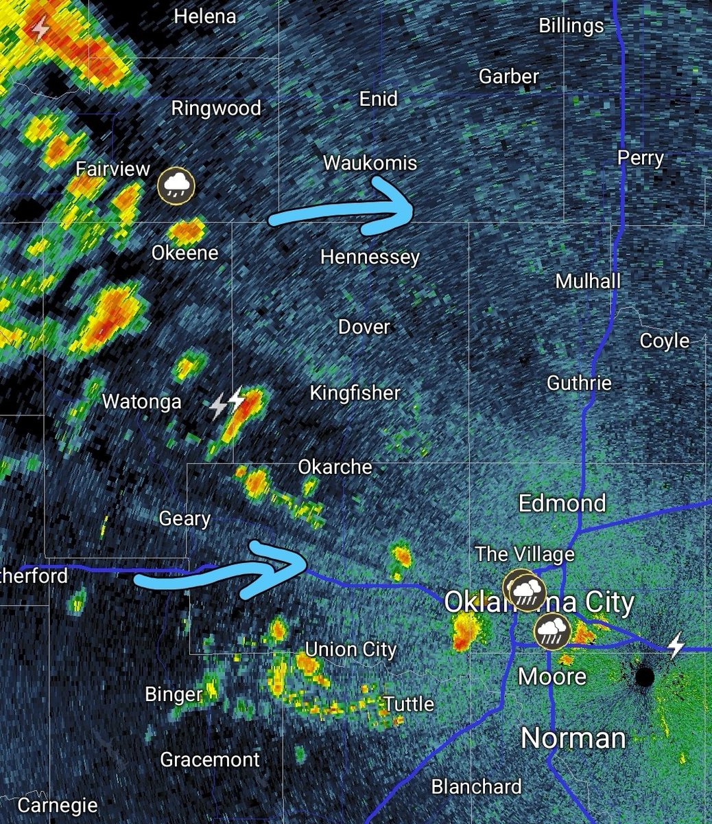 12:45A Fri - The nocturnal jet is fueling thunderstorms in NW and central Oklahoma.  The strongest storms are producing nickel sized hail in  northwestern Oklahkma with increasing lightning in other storms near #OKC early this Friday morning. #okwx