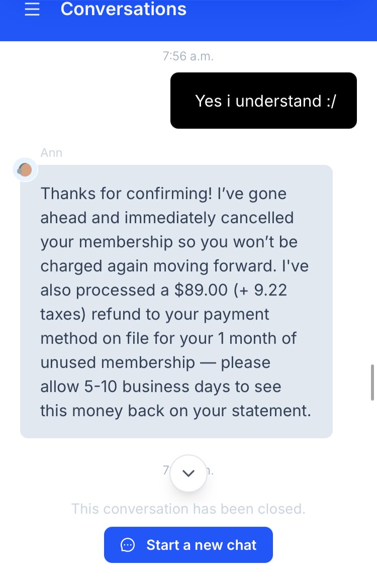Banxx00's tweet photo. @classpass @ClassPassEng The first conversation, in which I confirmed the $35 giftcard wouldn't just be "thrown away" but reimbursed before I cancelled.. https://t.co/pRh431nE9F
