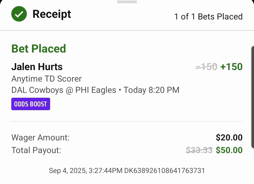 TPJ187's tweet image. Jalen Hurts ATTD #LadderBet 
2+✅️
ATTD✅️

Never in doubt
💰🤏💰🥳
#DALvsPHI #PlayerProps #Boosts #StiefsDebrief