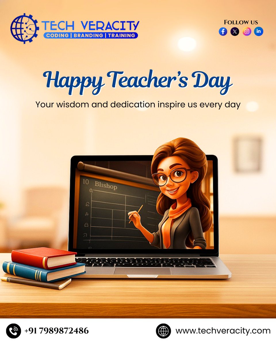 tech_veracity's tweet image. Happy Teacher’s Day!
At Tech Veracity, we celebrate the guiding lights who shape our future with wisdom, knowledge, and dedication.  Teachers not only educate, but they inspire us to dream bigger and achieve more every day.

📞 Contact Us: +91 7989872486

#HappyTeachersDay