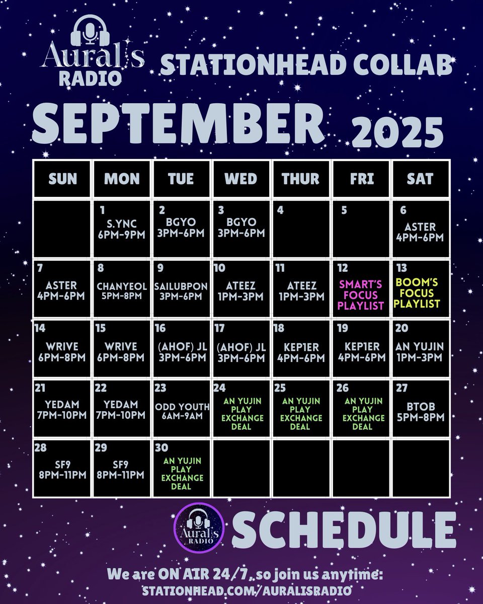 AuralisRadio's tweet photo. 📢 UPDATED SEPTEMBER STREAMING COLLAB SCHED! 🎧

Please see the updated collab and streaming schedule. It’s jam packed so join us in ur free time. Or just simply park your accounts and we will do the stream for you. Leggo

#สมาร์ทบูม #SmartBoom 
#smartcsnp #BXXMRVW #Auralis https://t.co/WLBE6DRCMu