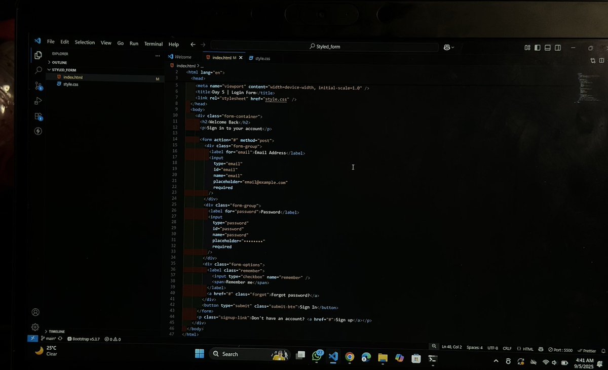 beerahthedev's tweet photo. Day 5 of #30DayOfCode 
Built a clean login form with email, password &amp; sign-up link,using only HTML &amp; CSS!

✅ Responsive
✅Styled inputs &amp; hover effects
✅No frameworks

Vercel:https://t.co/aGjOYCsLQP

#HTML #Frontend  #CSS #LoginForm #BuildInPublic #WomenInTech https://t.co/89NJiPHJRC