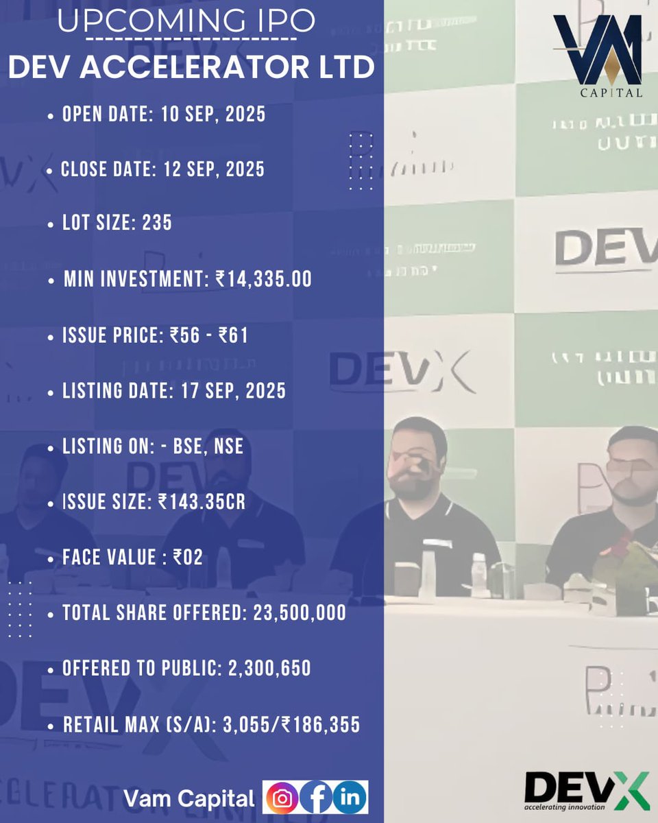 Vamcapital10's tweet image. Upcoming IPO.....
Dev Accelerator Ltd......
.
.
.
.
.
#DevAcceleratorIPO #UpcomingIPO #StockMarket #IPOAlert #MarketUpdate #EquityMarket #ShareMarket #InvestSmart #BusinessNews #IPOWatch