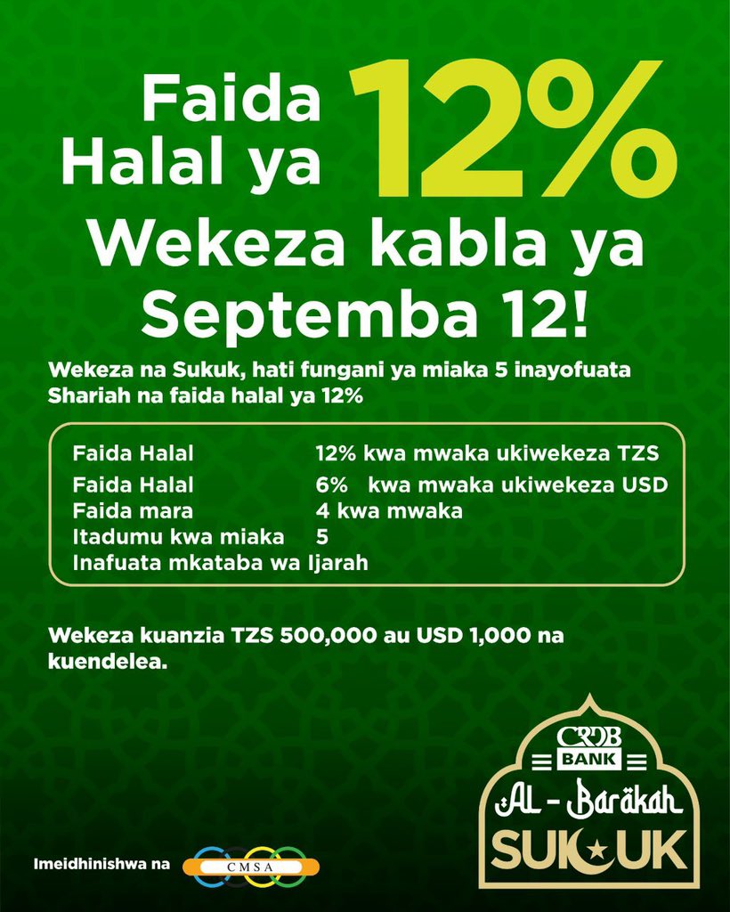 Swahiba pata faida Halal kwa Kuwekeza katika Hati fungani ya Sukuk.

Wekeza Kabla ya Septemba 12, uwe na Uhakika wa Kupata faida ya 12% kila mwaka ndani ya miaka mitano.

Wekeza kwenye hati fungani ya miaka 5 inayofuata Shariah.

· Faida Halal 12% ukiwekeza TZS
· Faida Halal 6%