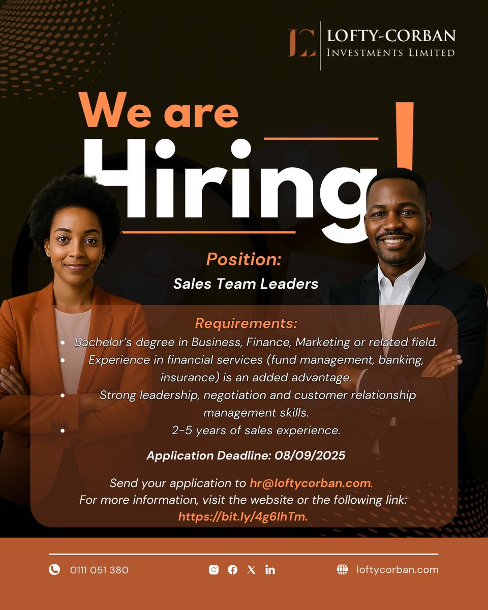 Do you want to be part of a company that values growth, innovation, and impact?

We are looking for Sales Team Leaders to #JoinOurTeam.

📩 #ApplyNow by sending your CV to hr@loftycorban.com
or click here 👉 bit.ly/4g6lhTm
_
#Sales #NowHiring #LoftyCorbanCareers