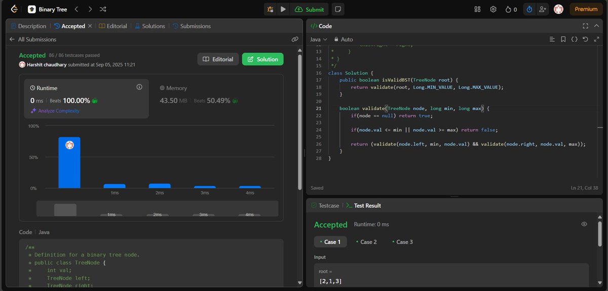 cha84587's tweet image. Today solve 3 problems on Leet Code 
1. [95] Unique Binary Search Tree
2. [98] Validate Binary Search Tree
3. [129] Sum Root to Leaf Numbers

#DSA #binarytree #java #coding #ProblemSolving