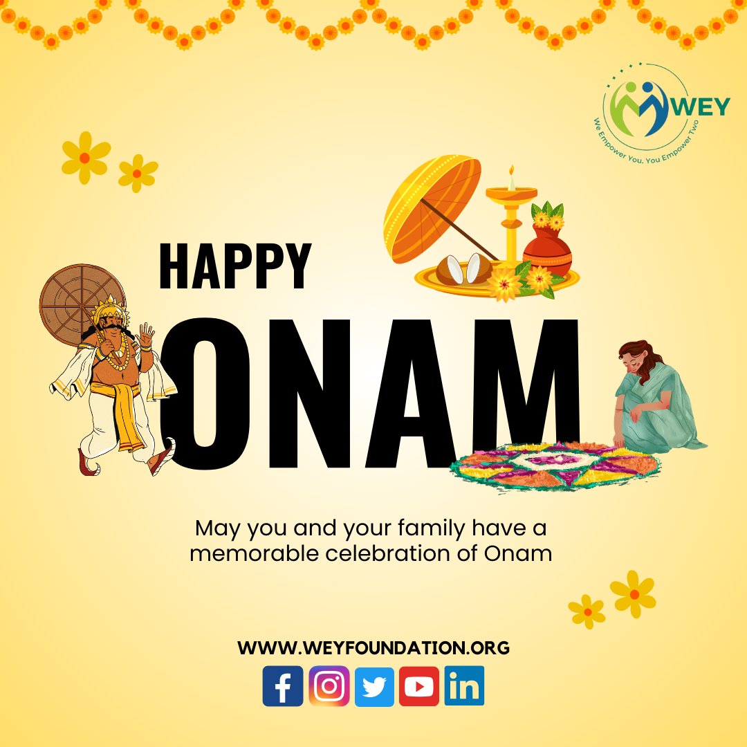🌸✨ Wey Foundation wishes you all a very Happy Onam! ✨🌸
May this festival bring joy, prosperity, and togetherness to every home. 🌼💛
#HappyOnam #WeyFoundation #Onam2025 #ShirinAggarwal