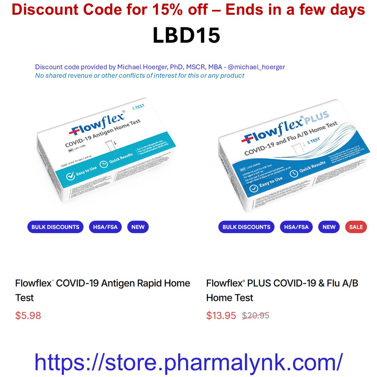 michael_hoerger's tweet photo. This 15% off discount code for FlowFlex should work a few more days.
I verified with PharmaLynk that they only use FlowFlex authorized distributors. There's a very old article making the rounds on social media again warning not to buy from unauthorized sellers :)
Code: LBD15