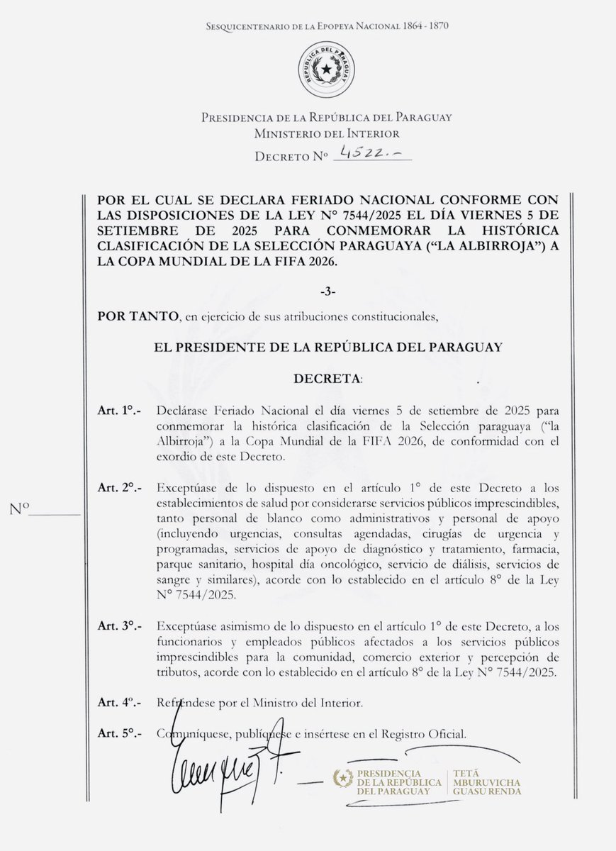 GuilleDoma's tweet photo. OFICIAL. Decreto que declara Feriado Nacional mañana viernes 5 de setiembre https://t.co/77wLD6l77C