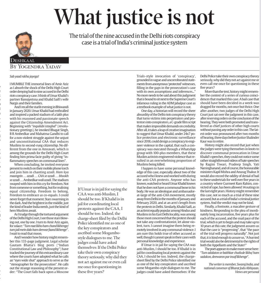 Sushant Singh (@sushantsin) on Twitter photo "Tum adalaton main baith kar chutkule likho,
Hum sadakon, deewaron par baith kar insaf likhenge."
<a href="/_YogendraYadav/">Yogendra Yadav</a> on the absolutely shameful order by the Delhi High Court. The absurdity of the whole thing defies any explanation. "Tum adalaton main baith kar chutkule likho,
Hum sadakon, deewaron par baith kar insaf likhenge."
<a href="/_YogendraYadav/">Yogendra Yadav</a> on the absolutely shameful order by the Delhi High Court. The absurdity of the whole thing defies any explanation.