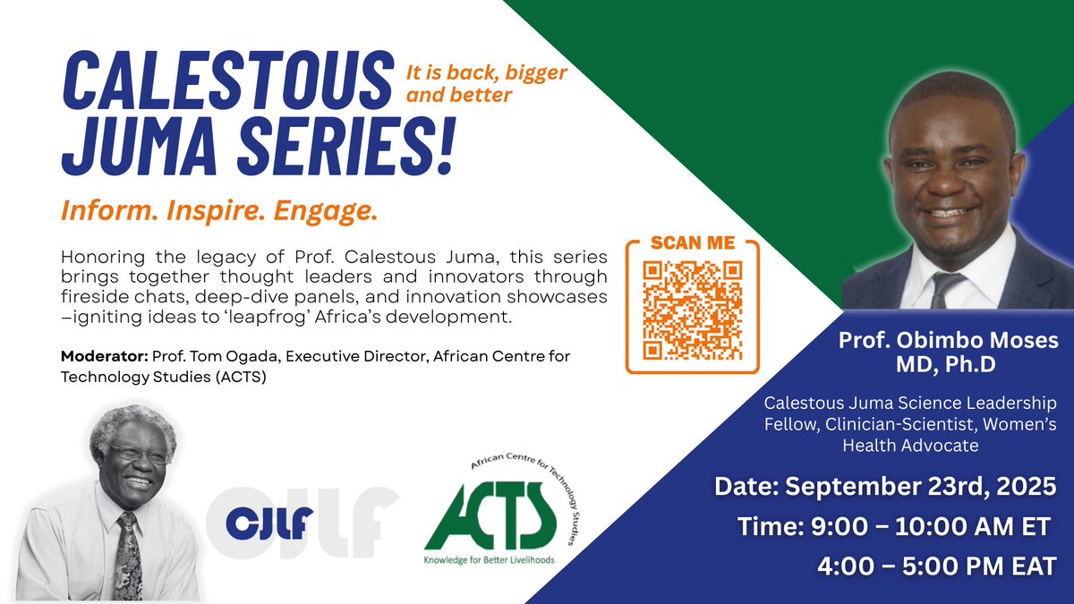 ACTSNET's tweet image. ⏰ Have you registered yet?
The #CalestousJumaSeries is back – bigger and better! 🚀
Don’t miss our inaugural Innovation Showcase as we honor the legacy of Prof. Calestous Juma with conversations that spark bold ideas and shape Africa’s future.
💡 Featured Speaker:
Dr. Obimbo…