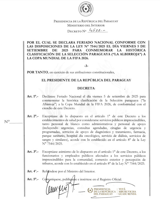ABCDigital's tweet photo. #ABCMundial| La @PresidenciaPy hizo público el Decreto número 4522.- que hace oficial el Feriado Nacional del 05 de septiembre por la clasificación de la Albirroja.

📲 https://t.co/X6PS3moeam https://t.co/5cXwuIcQHl